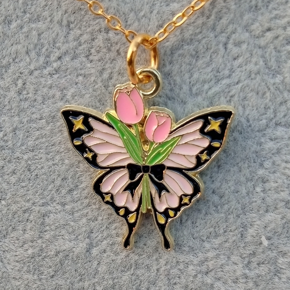 2/$10 Gold Rose Butterfly Pendant Necklace